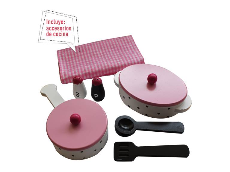 Cocina de madera rosada con accesorios