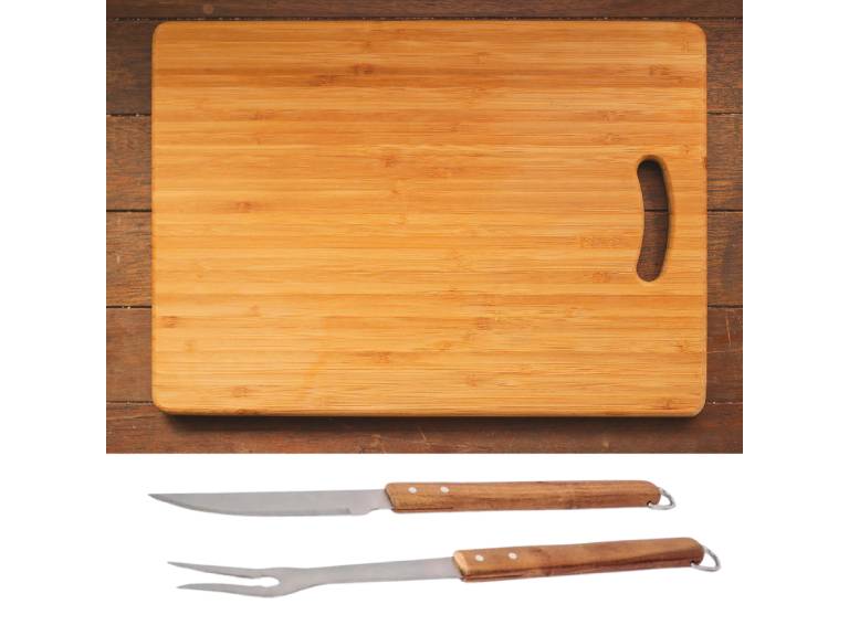 Tabla para picar + cuchillo y tenedor BBQ