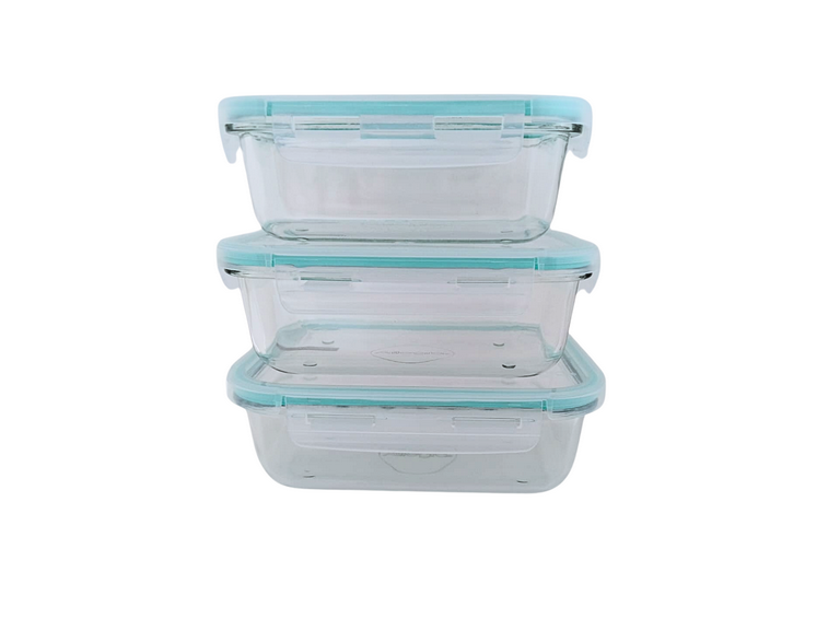 Set 3 Tupper Hermético Vidrio Alimentos 17x12x5.5 cm Celeste