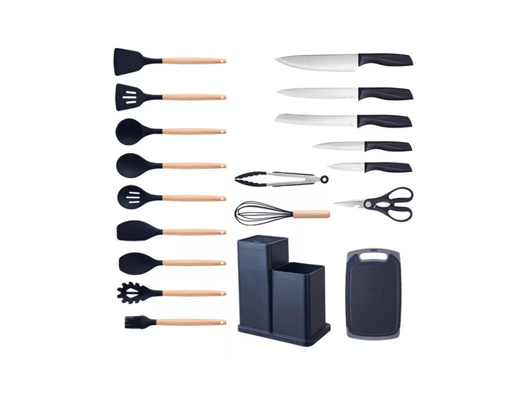 Set 19 Utensilios Cocina Silicona Acero Inoxidable Negro