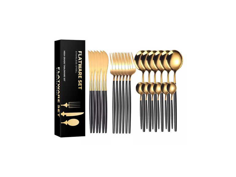 Set 24 Piezas Cubiertos Acero Inoxidable Negro Dorado