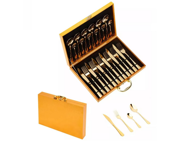 Set Maleta Juego Cubiertos 24 Piezas Dorado
