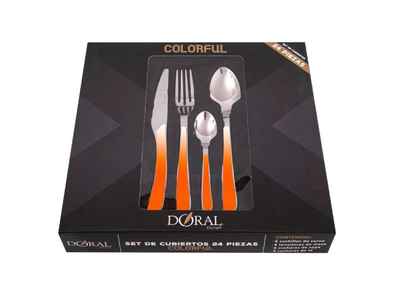 Set de Cubiertos Doral Colorful 24 Piezas Acero Inoxidable Naranjo