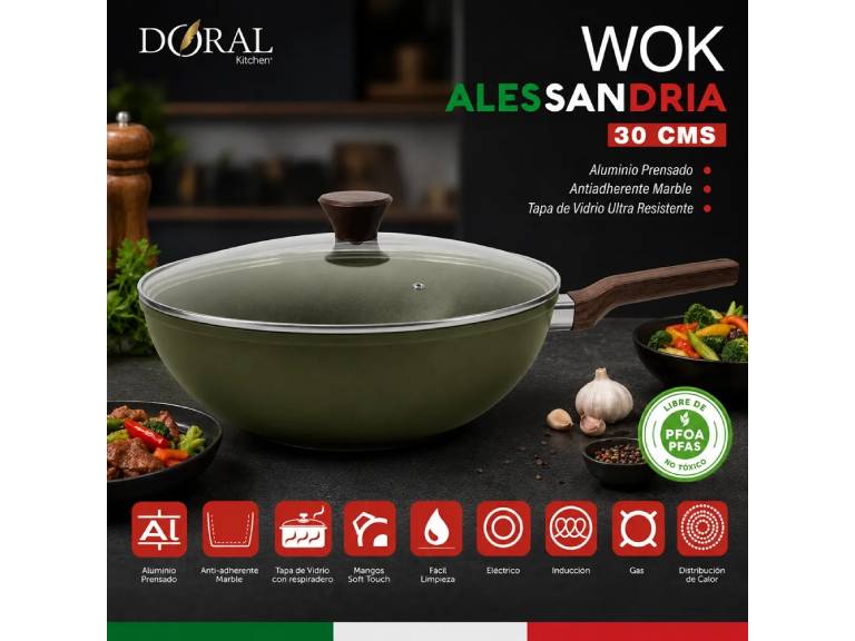 Wok Alessandria 30 cm Doral Kitchen con Tapa de Vidrio Verde Oliva