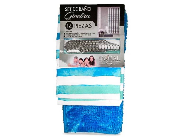 Set de Baño 14 Piezas Ginebra Celeste Franjas Blanco Verde