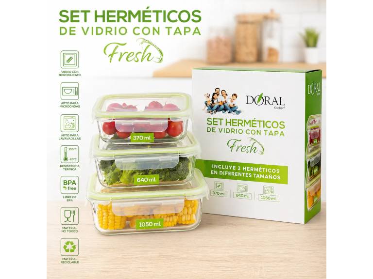 Set 3 Contenedores de Vidrio Fresh 370+640+1050 ml
