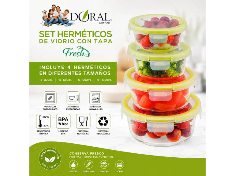 Set 4 Contenedores de Vidrio Redondos Fresh 390+650+950+1.300 ml