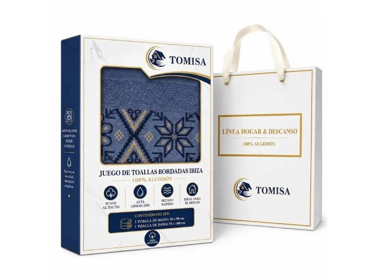 Juego de Toallas Tomisa Ibiza Bordadas 100% Algodón Azul Marino