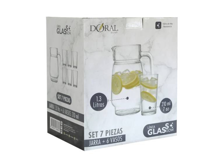 Set 7 Piezas Jarra de Vidrio 1.3 L + 6 Vasos 210 ml
